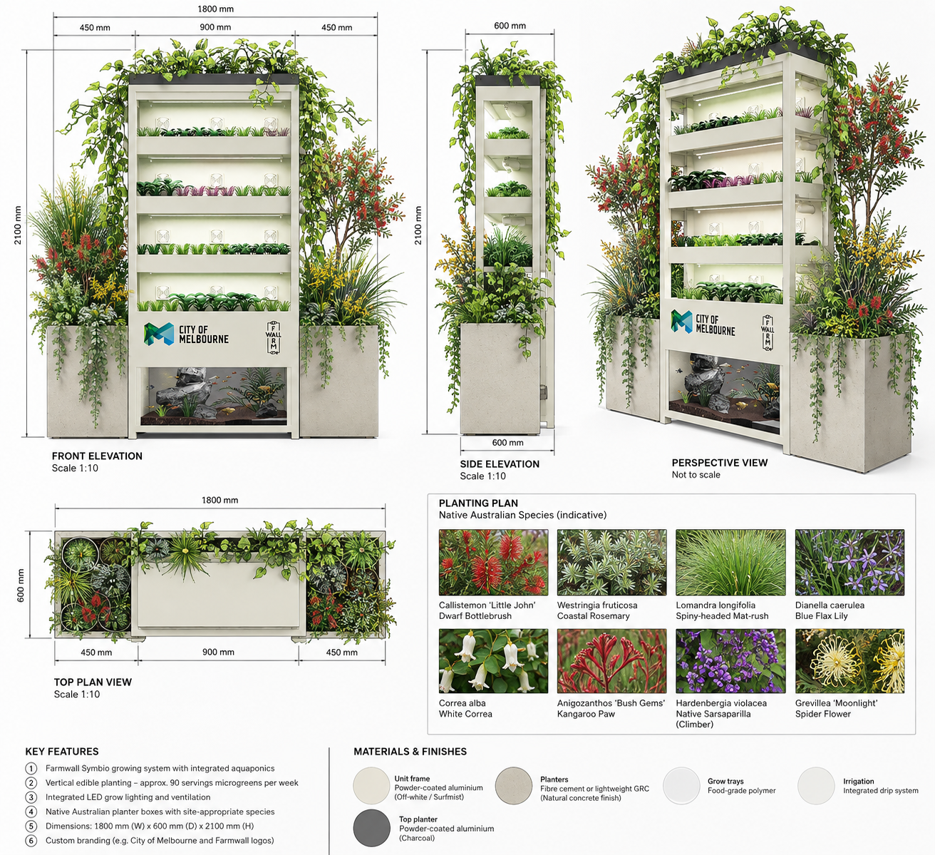 Concept drawing of a Farmwall Symbio with integrated aquaponics, surrounded by native Australian planter boxes, shown in front, side, perspective and plan views