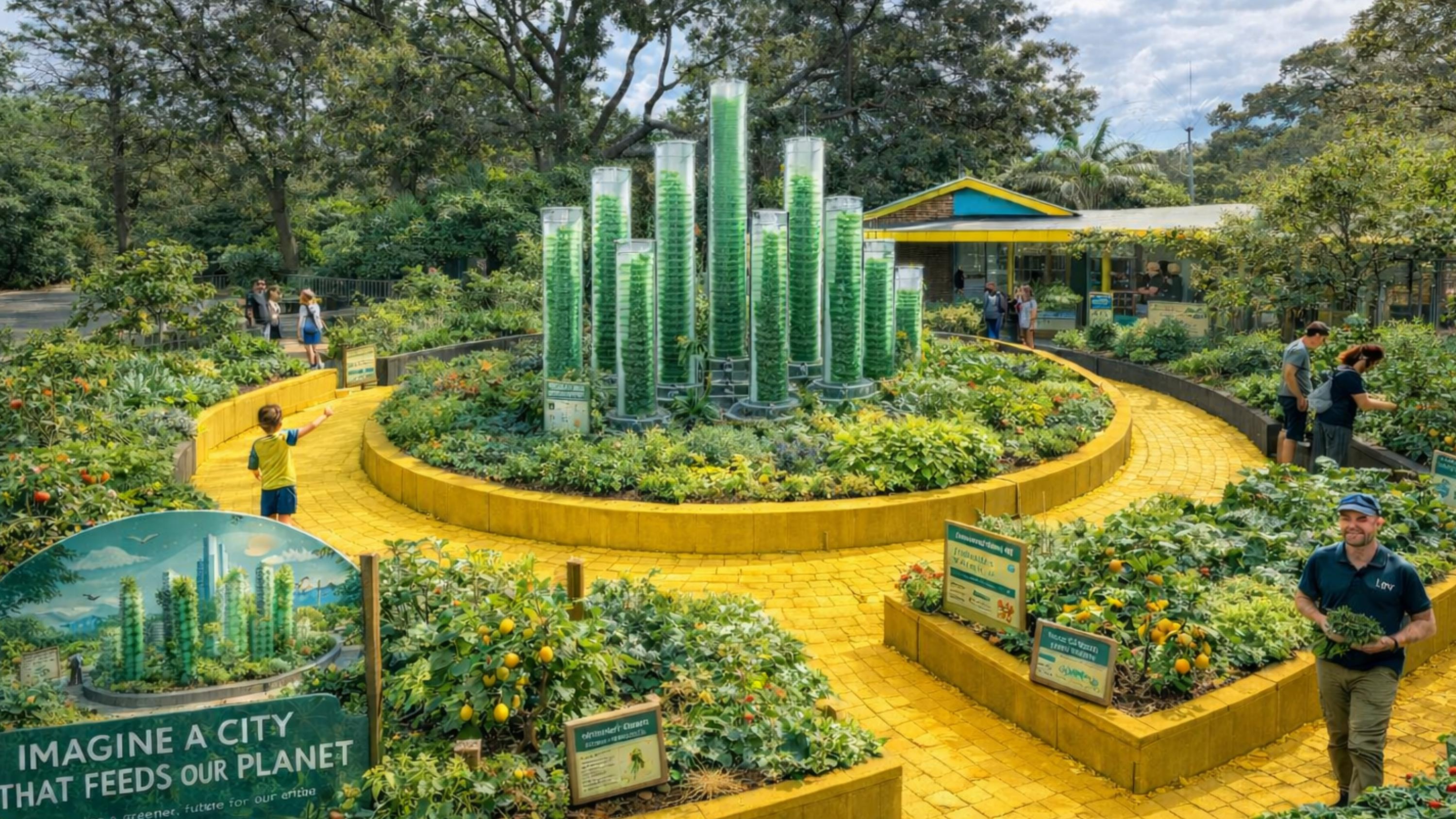Conceptual illustration of an edible city garden with vertical growing towers